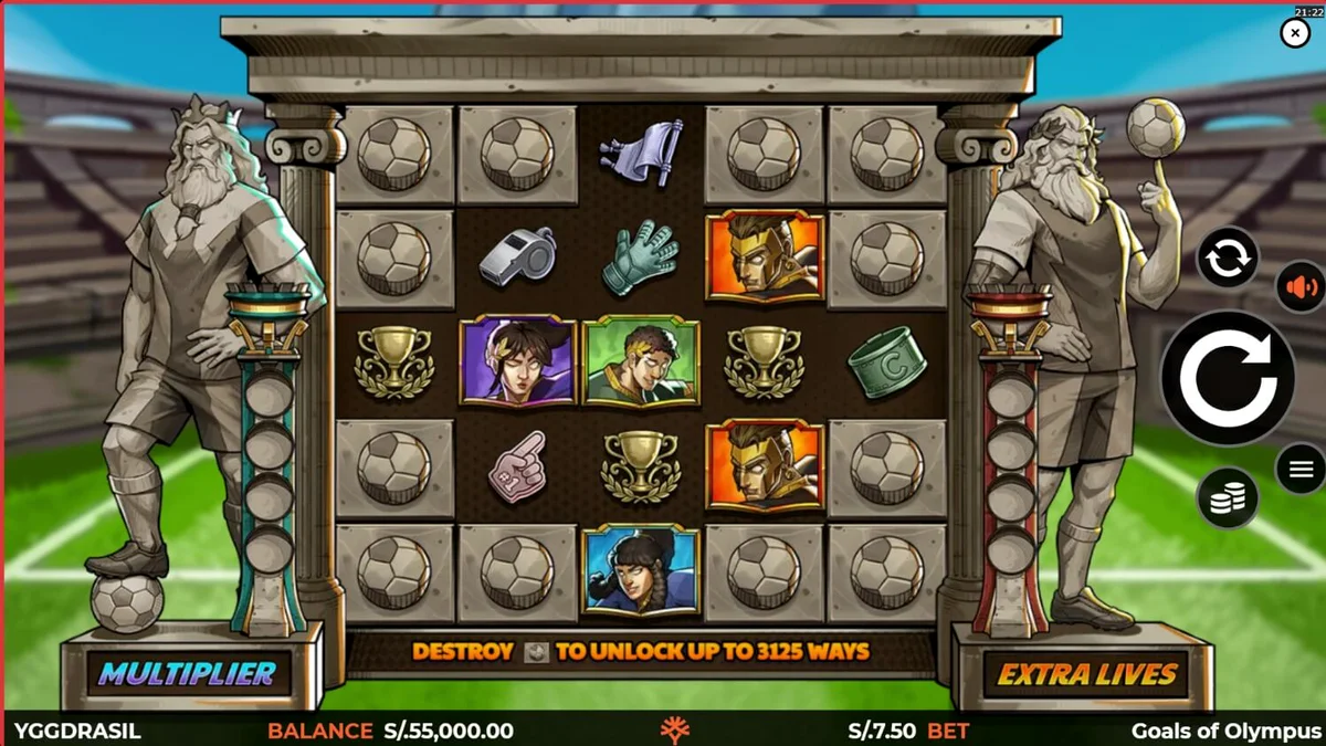 Goals of Olympus BoltLock slot game interface na nagpapakita ng Zeus at football theme