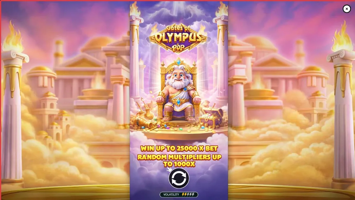 Ang makulay na interface ng Gates of Olympus POP slot na nagpapakita ng mga simbolo ng hiyas at ang diyos na si Zeus.